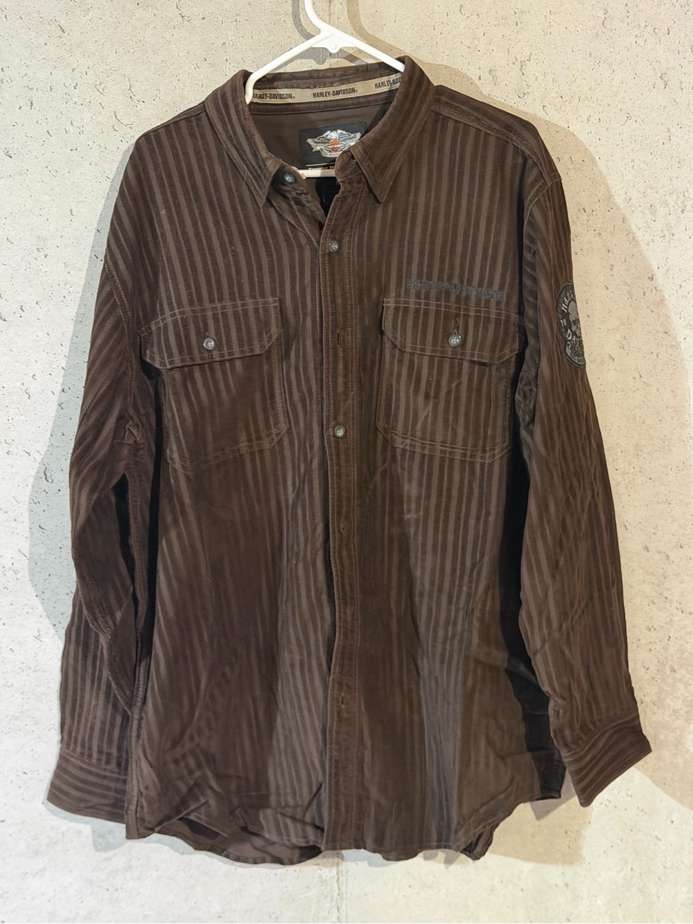 Harley-Davidson Men's XL Brown Corduroy Striped Skull Shirt
